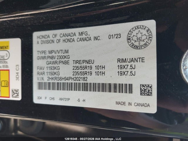 Продаж на аукціоні авто 2023 Honda Cr-v Touring Hybrid, vin: 2HKRS6H94PH202182, номер лоту: 12619345