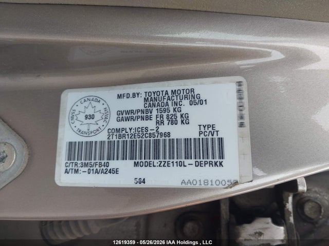 Aukcja sprzedaży 2002 Toyota Corolla Ce/le/s, vin: 2T1BR12E52C857968, numer aukcji: 12619359