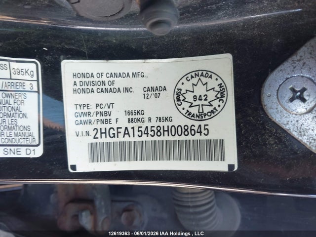 2008 Honda Civic Dx-g მანქანა იყიდება აუქციონზე, vin: 2HGFA15458H008645, აუქციონის ნომერი: 12619363