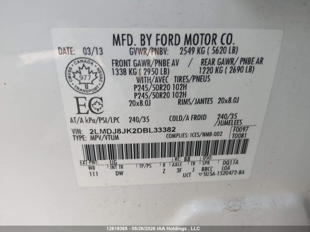 Aukcja sprzedaży 2013 Lincoln Mkx, vin: 2LMDJ8JK2DBL33382, numer aukcji: 12619365