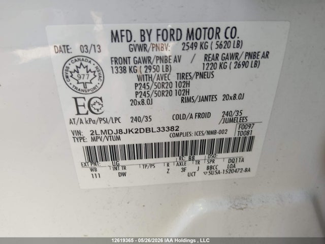 Aukcja sprzedaży 2013 Lincoln Mkx, vin: 2LMDJ8JK2DBL33382, numer aukcji: 12619365