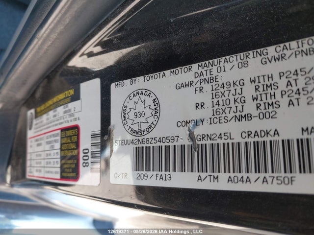 Aukcja sprzedaży 2008 Toyota Tacoma Access Cab, vin: 5TEUU42N68Z540597, numer aukcji: 12619371