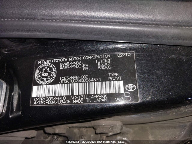 12619373 :رقم المزاد ، JTDKTUD34DD564874 vin ، 2013 Toyota Yaris مزاد بيع