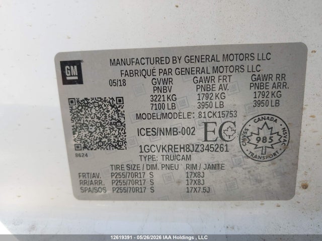 Aukcja sprzedaży 2018 Chevrolet Silverado K1500 Lt, vin: 1GCVKREH8JZ345261, numer aukcji: 12619391