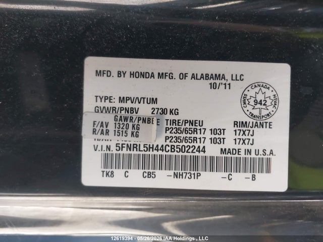 2012 Honda Odyssey Ex მანქანა იყიდება აუქციონზე, vin: 5FNRL5H44CB502244, აუქციონის ნომერი: 12619394