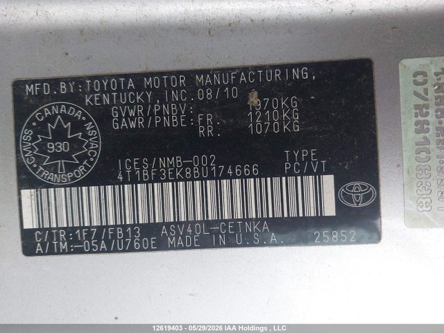 Продаж на аукціоні авто 2011 Toyota Camry Le, vin: 4T1BF3EK8BU174666, номер лоту: 12619403