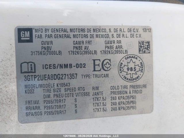 12619406 :رقم المزاد ، 3GTP2UEA8DG271357 vin ، 2013 Gmc Sierra K1500 Sl مزاد بيع