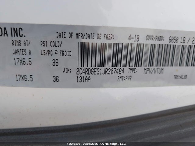 Продаж на аукціоні авто 2018 Dodge Grand Caravan Gt, vin: 2C4RDGEG1JR307484, номер лоту: 12619409