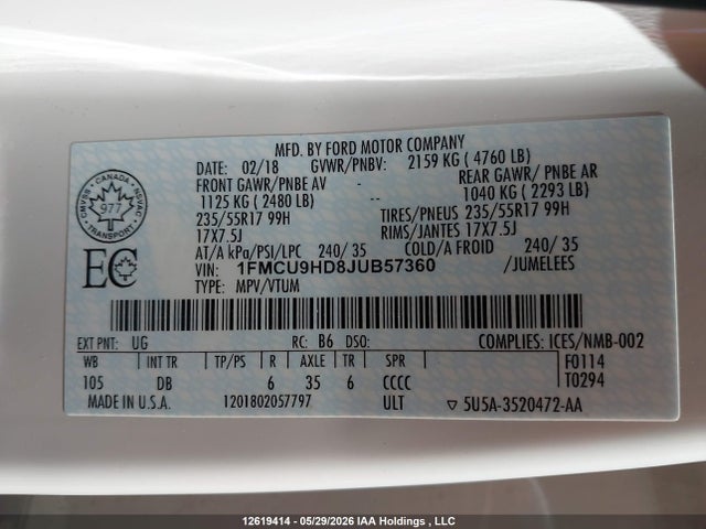 Продажа на аукционе авто 2018 Ford Escape, vin: 1FMCU9HD8JUB57360, номер лота: 12619414