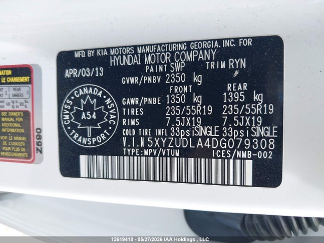 12619418 :رقم المزاد ، 5XYZUDLA4DG079308 vin ، 2013 Hyundai Santa Fe Sport مزاد بيع