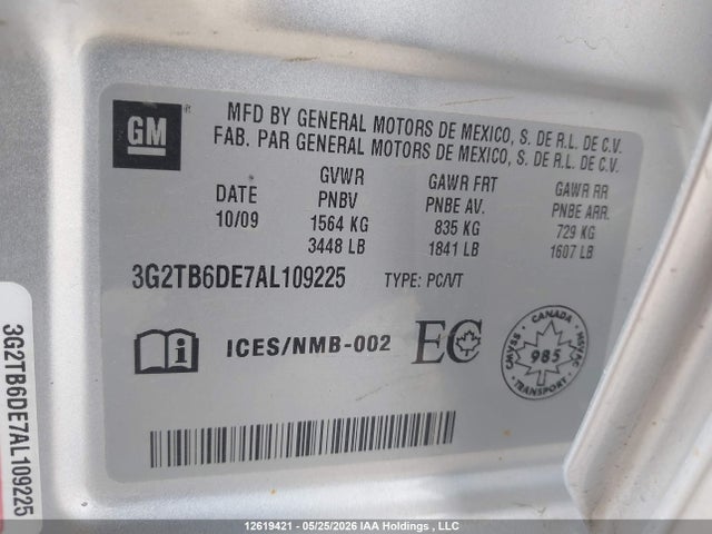 12619421 :رقم المزاد ، 3G2TB6DE7AL109225 vin ، 2010 Pontiac G3 Wave مزاد بيع