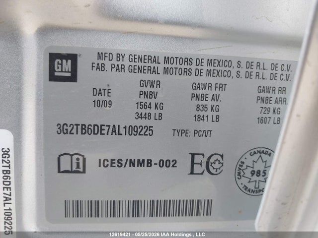 12619421 :رقم المزاد ، 3G2TB6DE7AL109225 vin ، 2010 Pontiac G3 Wave مزاد بيع