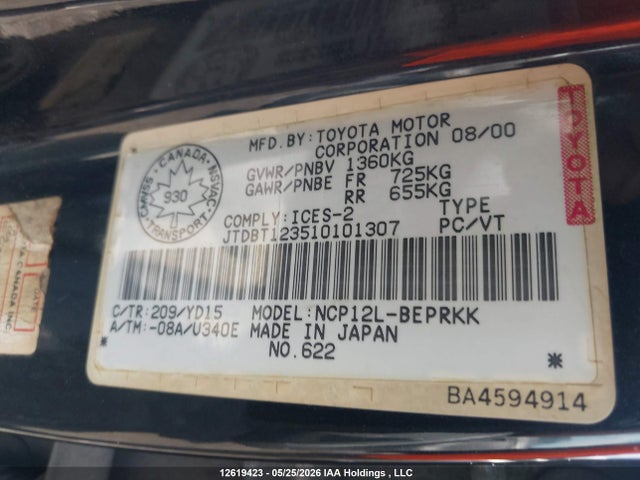 Aukcja sprzedaży 2001 Toyota Echo, vin: JTDBT123510101307, numer aukcji: 12619423