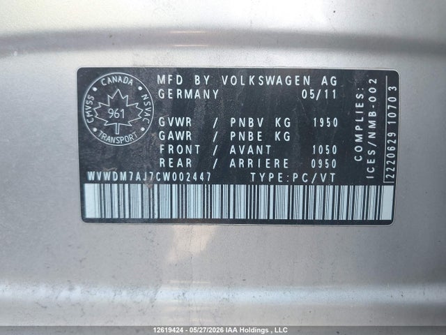 Aukcja sprzedaży 2012 Volkswagen Golf, vin: WVWDM7AJ7CW002447, numer aukcji: 12619424
