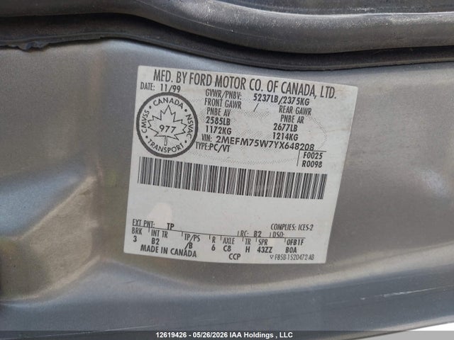 2000 Mercury Grand Marquis Ls მანქანა იყიდება აუქციონზე, vin: 2MEFM75W7YX648208, აუქციონის ნომერი: 12619426