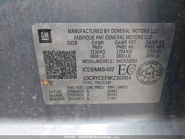 1GCRYCEF9KZ303064 Chevrolet Silverado K1500 Trail Boss Custom