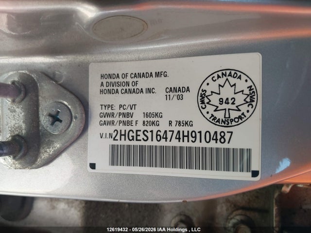 Продаж на аукціоні авто 2004 Honda Civic Dx-g, vin: 2HGES16474H910487, номер лоту: 12619432