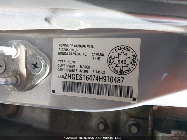Продаж на аукціоні авто 2004 Honda Civic Dx-g, vin: 2HGES16474H910487, номер лоту: 12619432