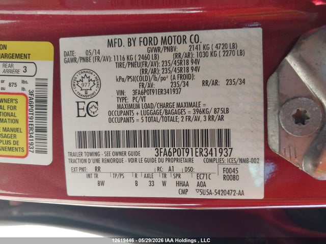 Ford FUSION SE 2014 3FA6P0T91ER341937 Image 9