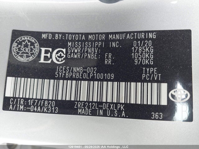 Aukcja sprzedaży 2020 Toyota Corolla, vin: 5YFBPRBE0LP100109, numer aukcji: 12619451