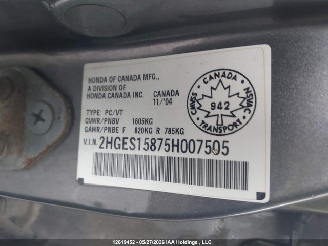 2005 Honda Civic Si Si მანქანა იყიდება აუქციონზე, vin: 2HGES15875H007505, აუქციონის ნომერი: 12619452