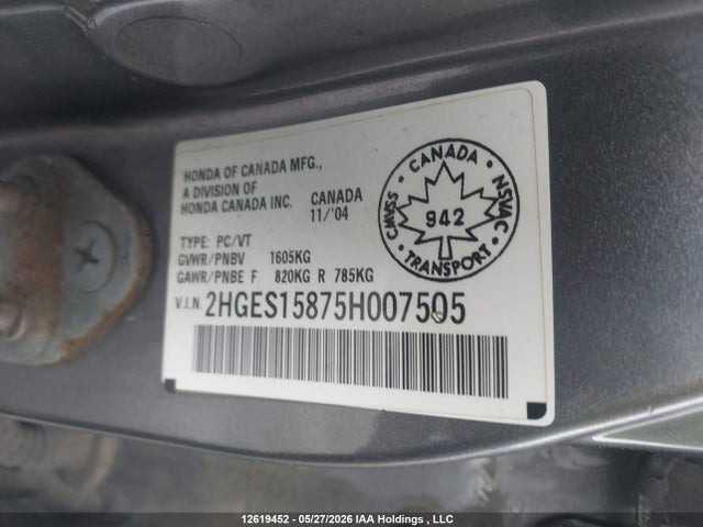 2005 Honda Civic Si Si მანქანა იყიდება აუქციონზე, vin: 2HGES15875H007505, აუქციონის ნომერი: 12619452