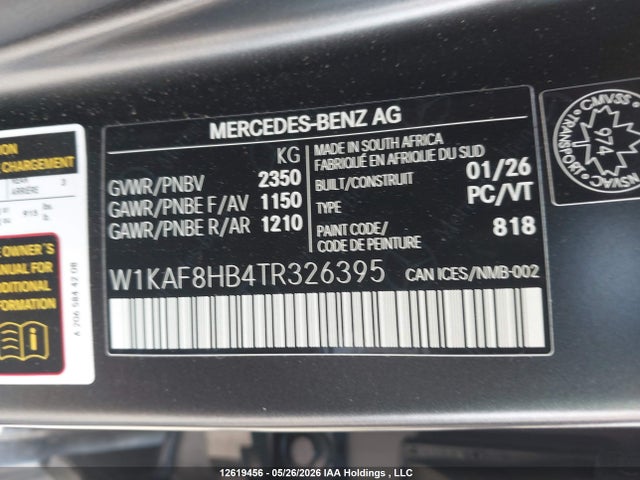 12619456 :رقم المزاد ، W1KAF8HB4TR326395 vin ، 2026 Mercedes-benz Amg C 43 4matic مزاد بيع