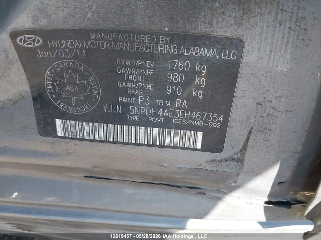 12619457 :رقم المزاد ، 5NPDH4AE3EH467354 vin ، 2014 Hyundai Elantra Gls مزاد بيع