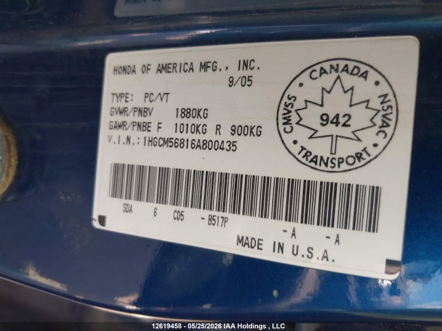 Продажа на аукционе авто 2006 Honda Accord Ex-l, vin: 1HGCM56816A800435, номер лота: 12619458