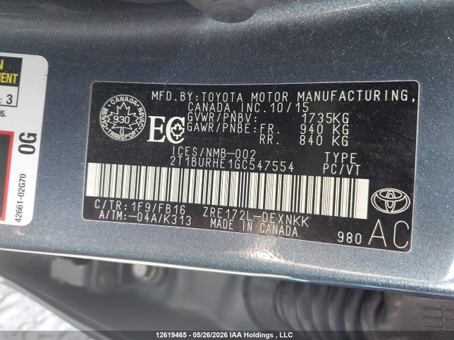 Продажа на аукционе авто 2016 Toyota Corolla Le, vin: 2T1BURHE1GC547554, номер лота: 12619465