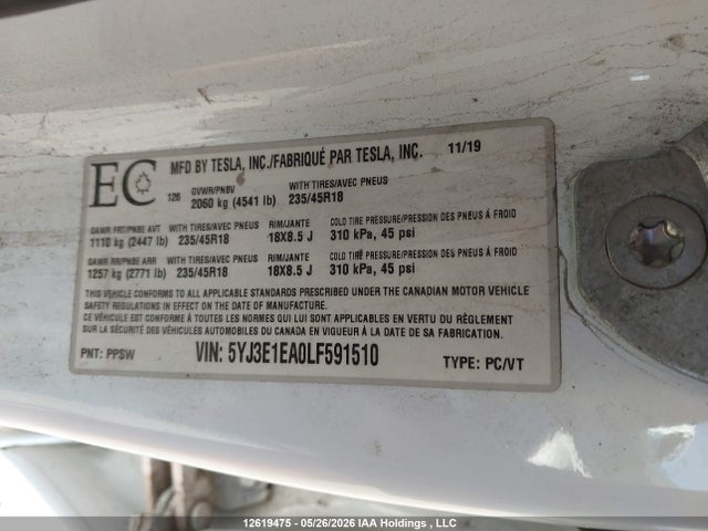 2020 Tesla Model 3 მანქანა იყიდება აუქციონზე, vin: 5YJ3E1EA0LF591510, აუქციონის ნომერი: 12619475