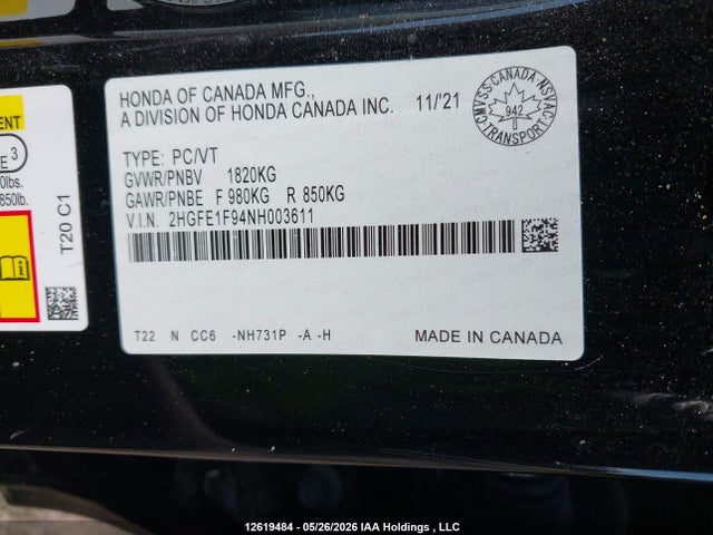 2HGFE1F94NH003611 Honda Civic Touring