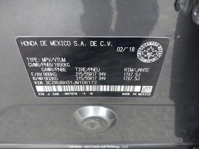 Продаж на аукціоні авто 2018 Honda Hr-v Lx, vin: 3CZRU6H31JM106172, номер лоту: 12619492