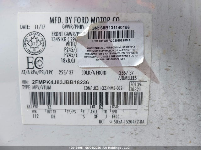 2018 Ford Edge მანქანა იყიდება აუქციონზე, vin: 2FMPK4J83JBB18236, აუქციონის ნომერი: 12619495