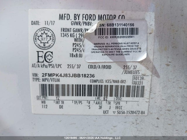 2018 Ford Edge მანქანა იყიდება აუქციონზე, vin: 2FMPK4J83JBB18236, აუქციონის ნომერი: 12619495
