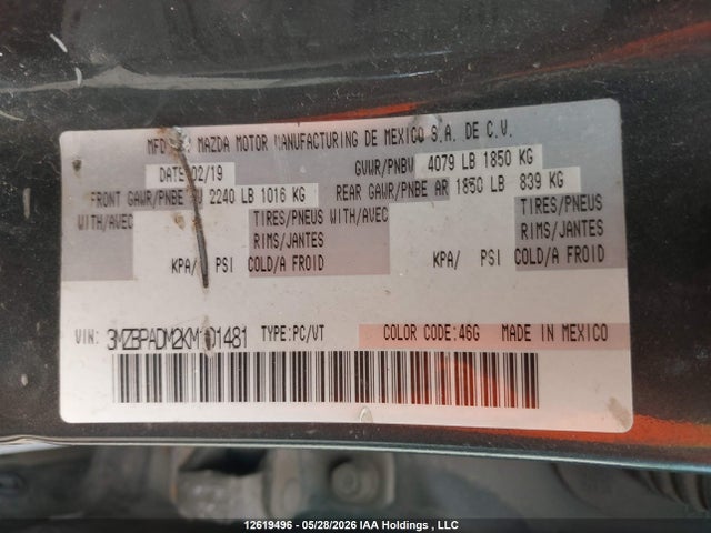 Продажа на аукционе авто 2019 Mazda Mazda3, vin: 3MZBPADM2KM101481, номер лота: 12619496