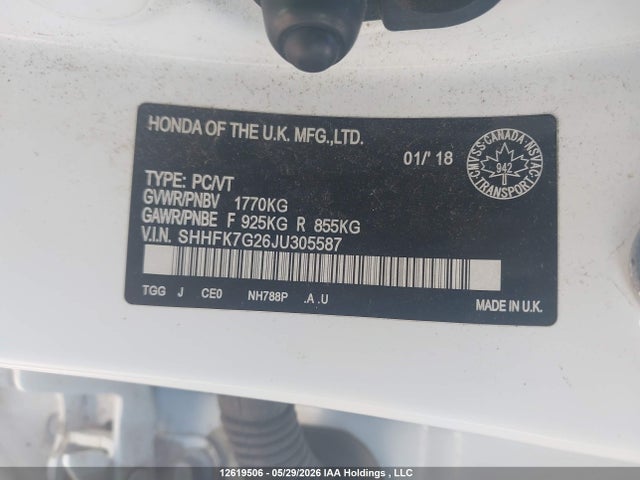 Продаж на аукціоні авто 2018 Honda Civic Lx, vin: SHHFK7G26JU305587, номер лоту: 12619506