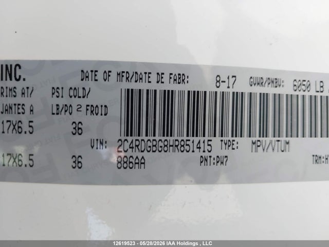 Продажа на аукционе авто 2017 Dodge Grand Caravan Cvp/sxt, vin: 2C4RDGBG8HR851415, номер лота: 12619523