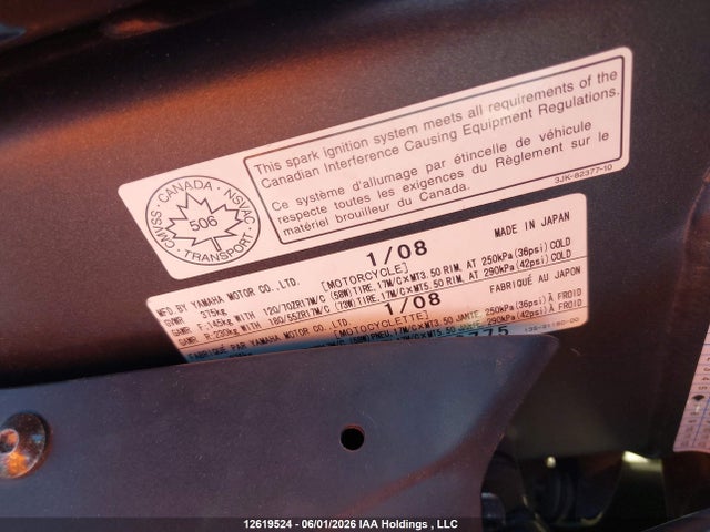 12619524 :رقم المزاد ، JYARJ16N48A000775 vin ، 2008 Yamaha Yzfr6 مزاد بيع