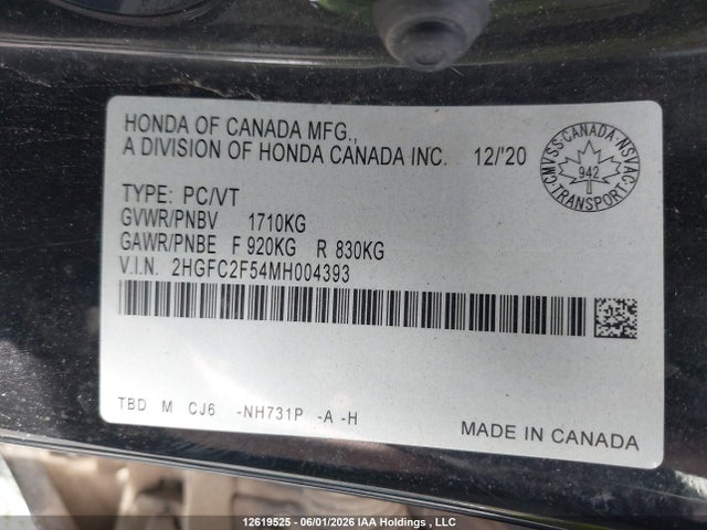 2021 Honda Civic Lx მანქანა იყიდება აუქციონზე, vin: 2HGFC2F54MH004393, აუქციონის ნომერი: 12619525
