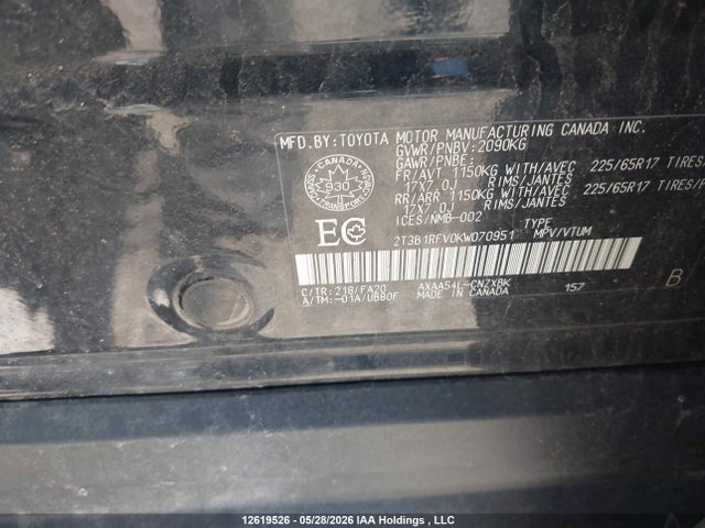 2019 Toyota Rav4 Le მანქანა იყიდება აუქციონზე, vin: 2T3B1RFV0KW070951, აუქციონის ნომერი: 12619526