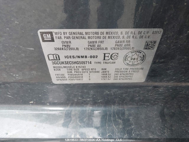 Aukcja sprzedaży 2017 Chevrolet Silverado 1500 2lz, vin: 3GCUKSEC5HG509714, numer aukcji: 12619533