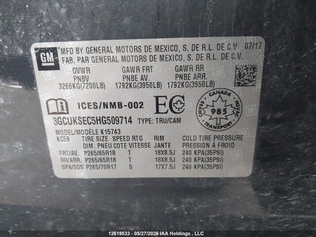 Aukcja sprzedaży 2017 Chevrolet Silverado 1500 2lz, vin: 3GCUKSEC5HG509714, numer aukcji: 12619533