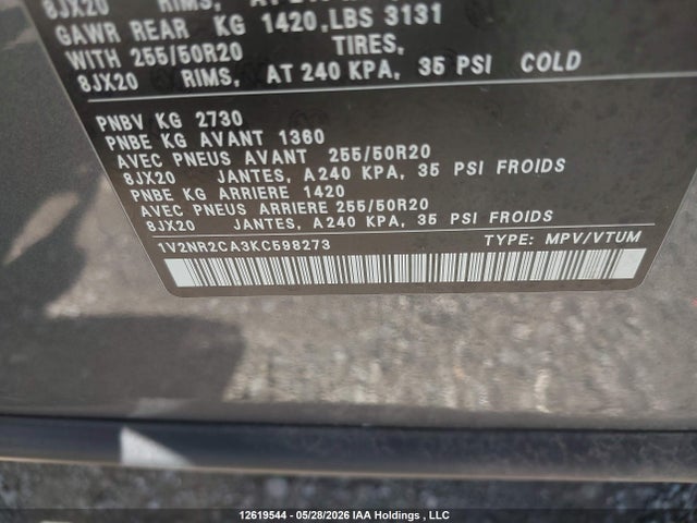 12619544 :رقم المزاد ، 1V2NR2CA3KC598273 vin ، 2019 Volkswagen Atlas 3.6 Fsi Execline مزاد بيع