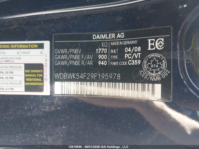 12619548 :رقم المزاد ، WDBWK54F29F195978 vin ، 2009 Mercedes-benz Slk 300 مزاد بيع