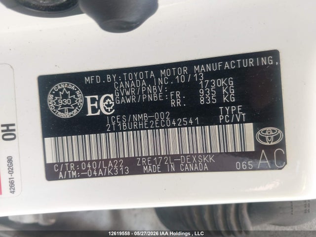 12619558 :رقم المزاد ، 2T1BURHE2EC042541 vin ، 2014 Toyota Corolla L/le/le Pls/prm/s/s Pls مزاد بيع