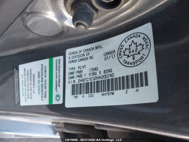 12619560 :رقم المزاد ، 2HGFC1E52HH200740 vin ، 2017 Honda Civic Sedan مزاد بيع