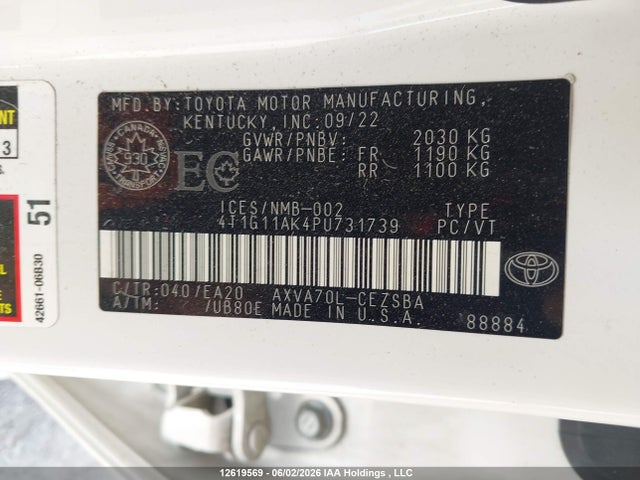 Aukcja sprzedaży 2023 Toyota Camry Se, vin: 4T1G11AK4PU731739, numer aukcji: 12619569