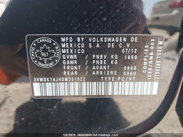 12619576 :رقم المزاد ، 3VWDK7AJ4DM351022 vin ، 2013 Volkswagen Jetta Se مزاد بيع