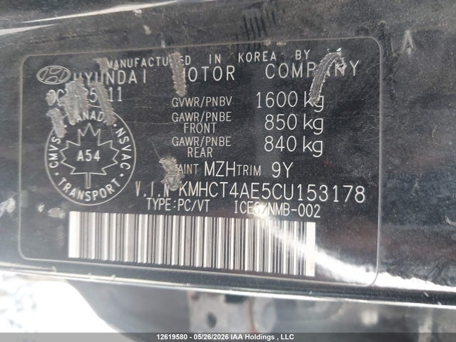 Aukcja sprzedaży 2012 Hyundai Accent, vin: KMHCT4AE5CU153178, numer aukcji: 12619580